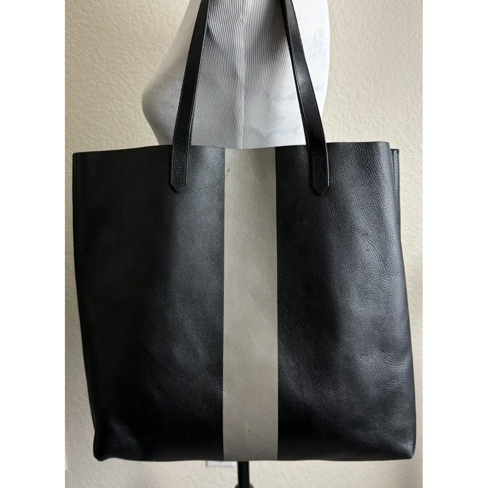 Madewell Transport Paint Stripe Tote Bag Black Gray Leather Urban Commuter